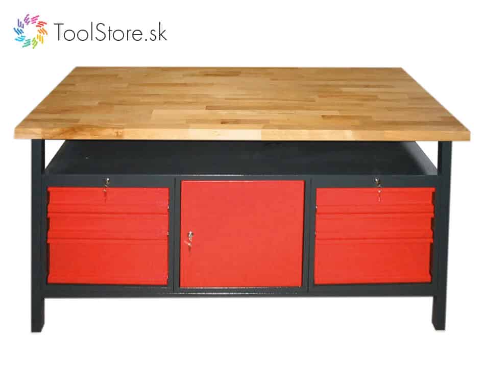 Dielenský pracovný stôl ToolStore Profi 170 cm s dvierkovou skrinkou a 6 zásuvkami čierno-červený