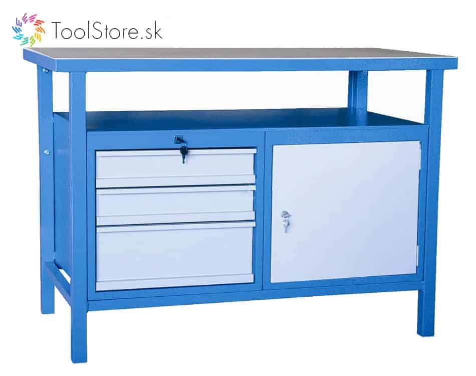 Dielenský pracovný stôl ToolStore Multi s dvierkovou skrinkou a 3 zásuvkami modro-šedý